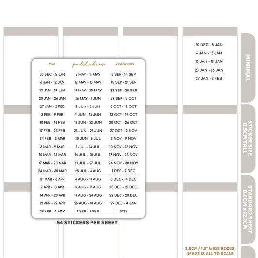 2025 Weeks Minimal Font Stickers | Minimal Planner Stickers | M22