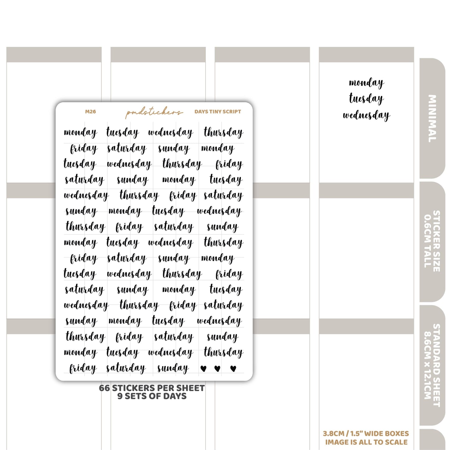 Days Tiny Script Word Stickers | Minimal Planner Stickers | M26