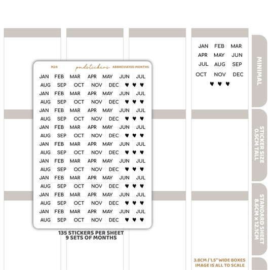 Abbreviated Months Minimal Font Stickers | Minimal Planner Stickers | M24