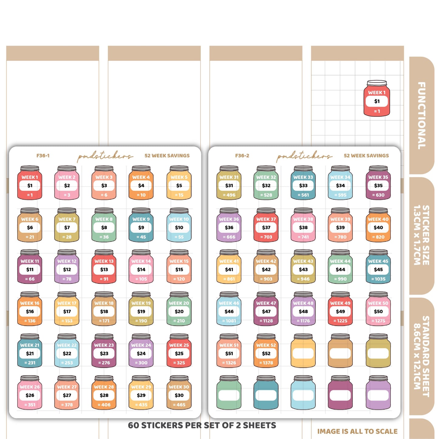 52 Week Savings Challenge Stickers | Functional Planner Stickers | F36(2)