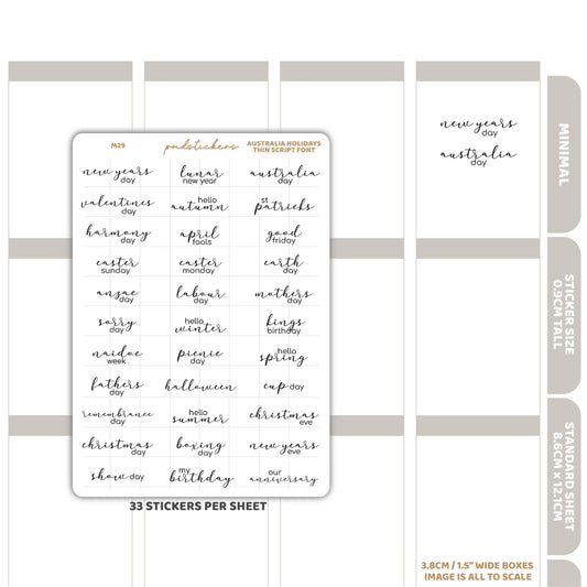 Australia Holidays Thin Script Font Stickers | Minimal Planner Stickers | M29