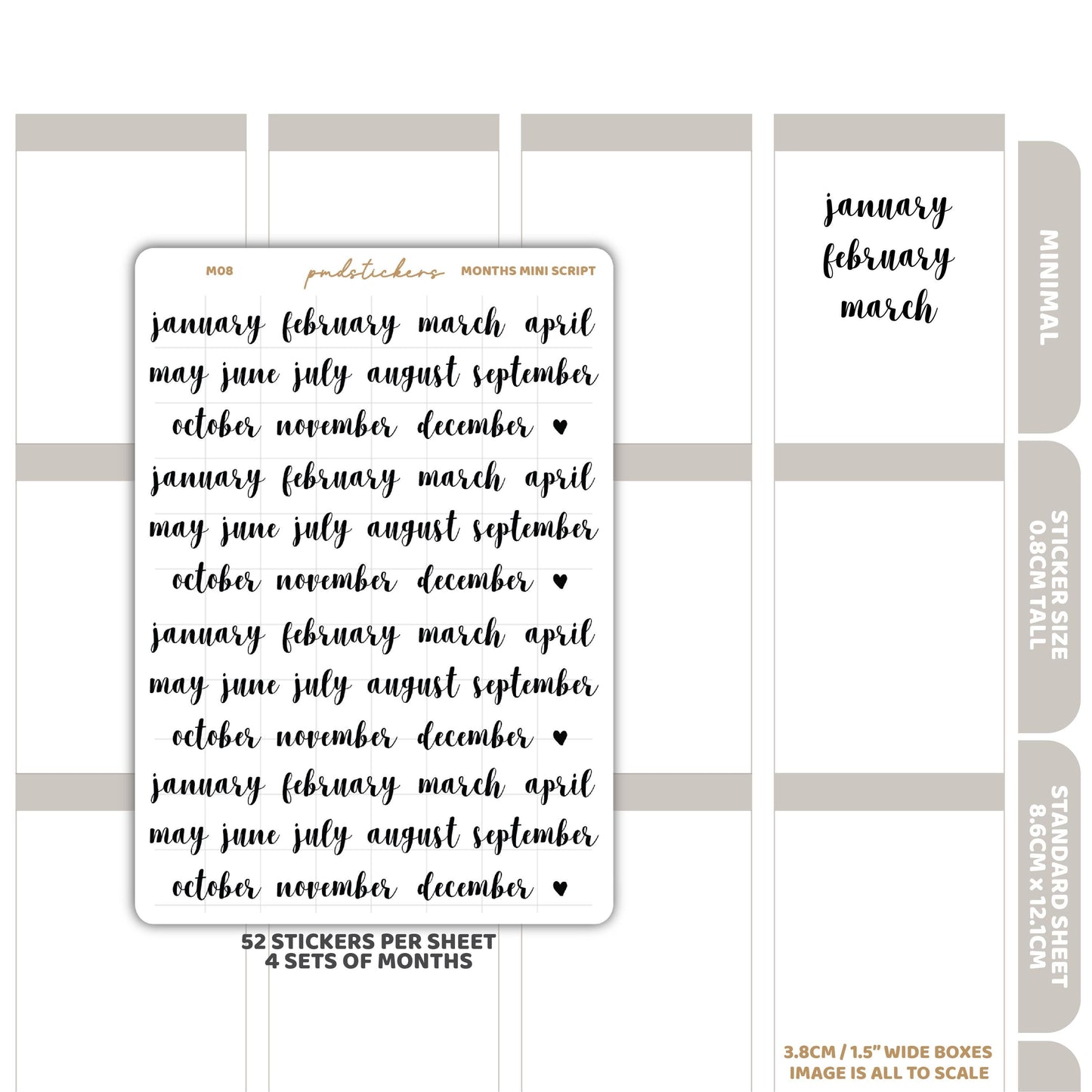Months Mini Script Stickers | Minimal Planner Stickers | M08