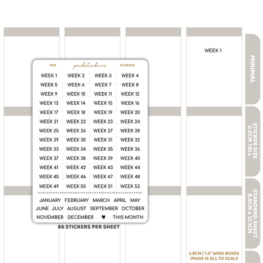 52 Weeks Minimal Font Stickers | Minimal Planner Stickers | M03