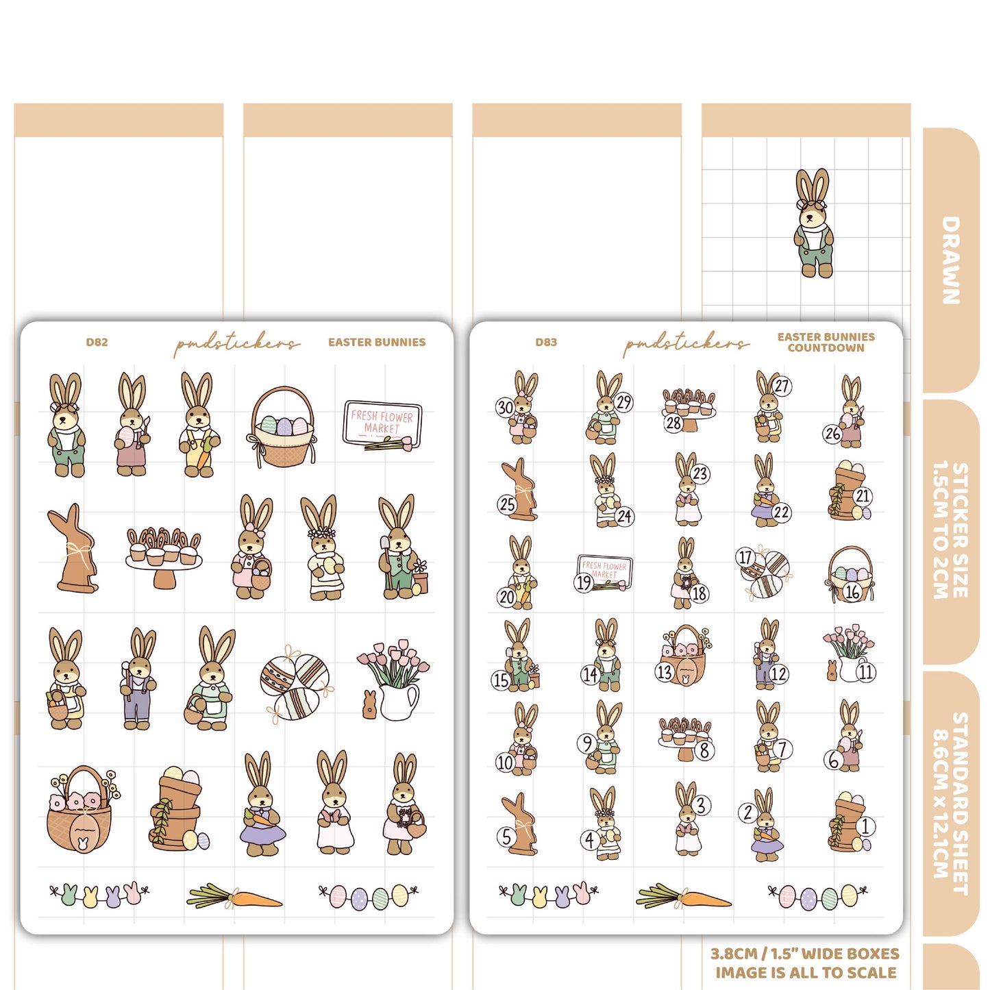 Easter Bunnies & Countdown Stickers | Drawn Planner Stickers | D82-83