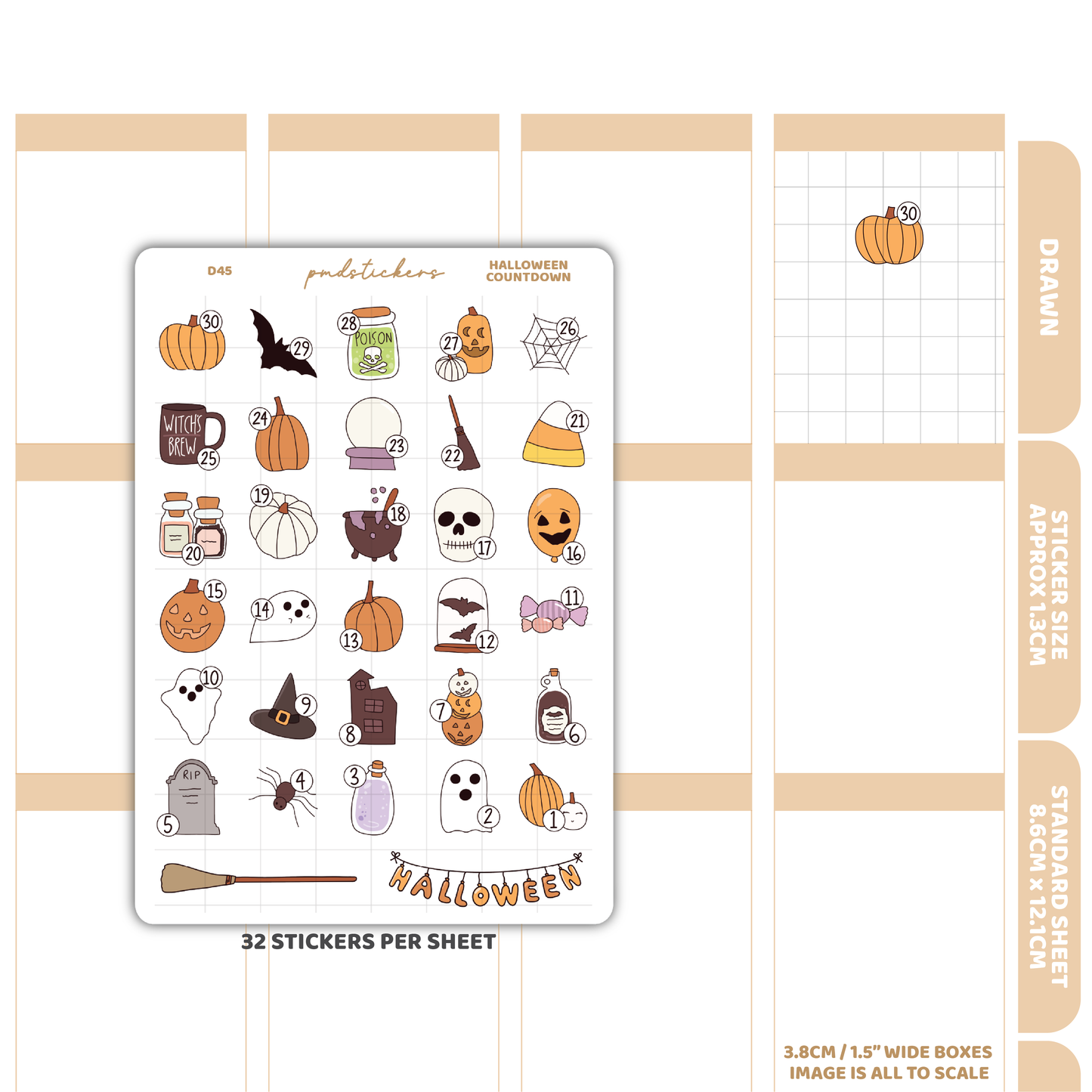 Halloween Countdown Stickers | Drawn Planner Stickers | D45
