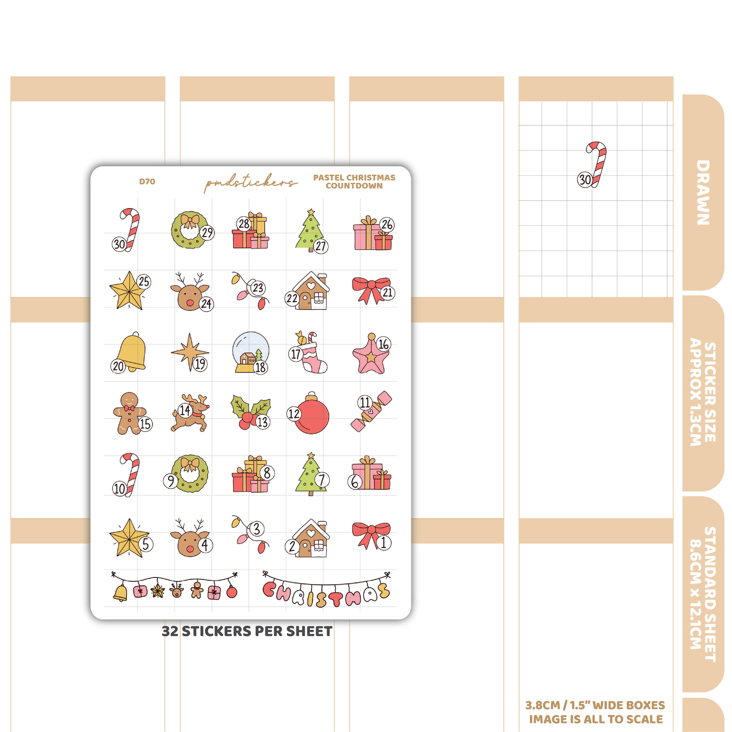 Pastel Christmas Countdown Stickers | Drawn Planner Stickers | D70