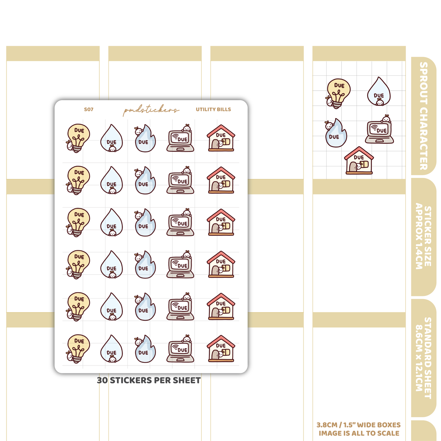 Utility Bills Sprout Character Stickers | Planner Stickers | S07