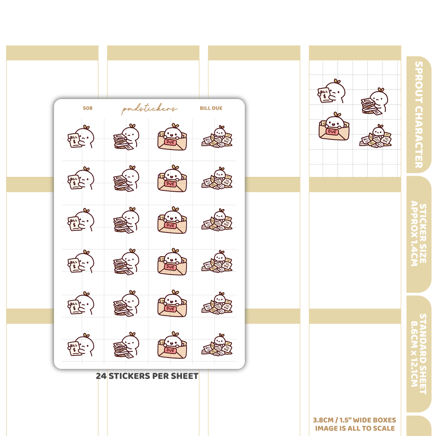 Bill Due Sprout Character Stickers | Planner Stickers | S08