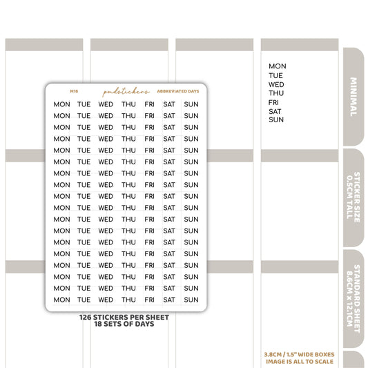 Abbreviated Days Minimal Font Stickers | Minimal Planner Stickers | M16