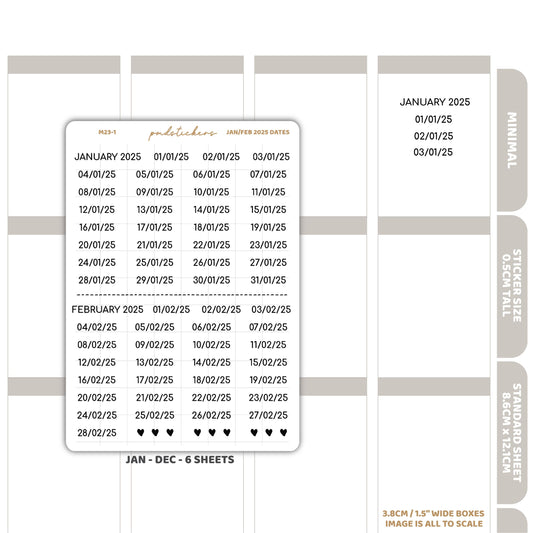 2025 Dates Minimal Font Stickers | Minimal Planner Stickers | M23(6)