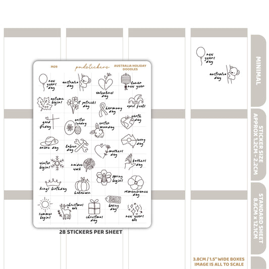Australia Holiday Doodle Stickers | Minimal Planner Stickers | M09
