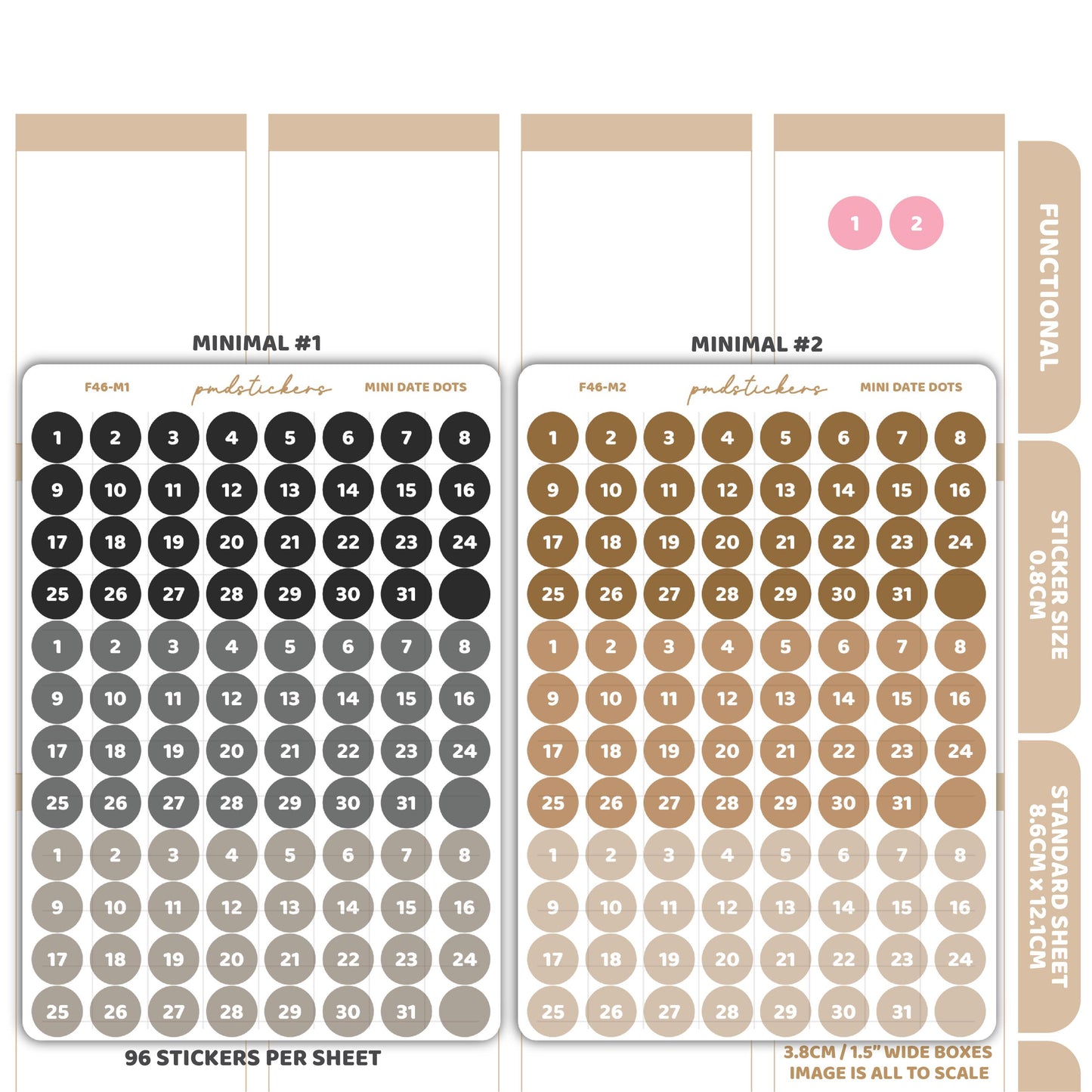 Coloured Sets Mini Date (1-31) Dot Stickers | Functional Planner Stickers | F46