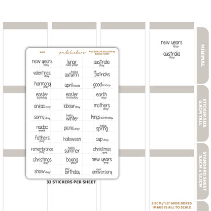 Australian Holidays Basic Font Stickers | Minimal Planner Stickers | M06