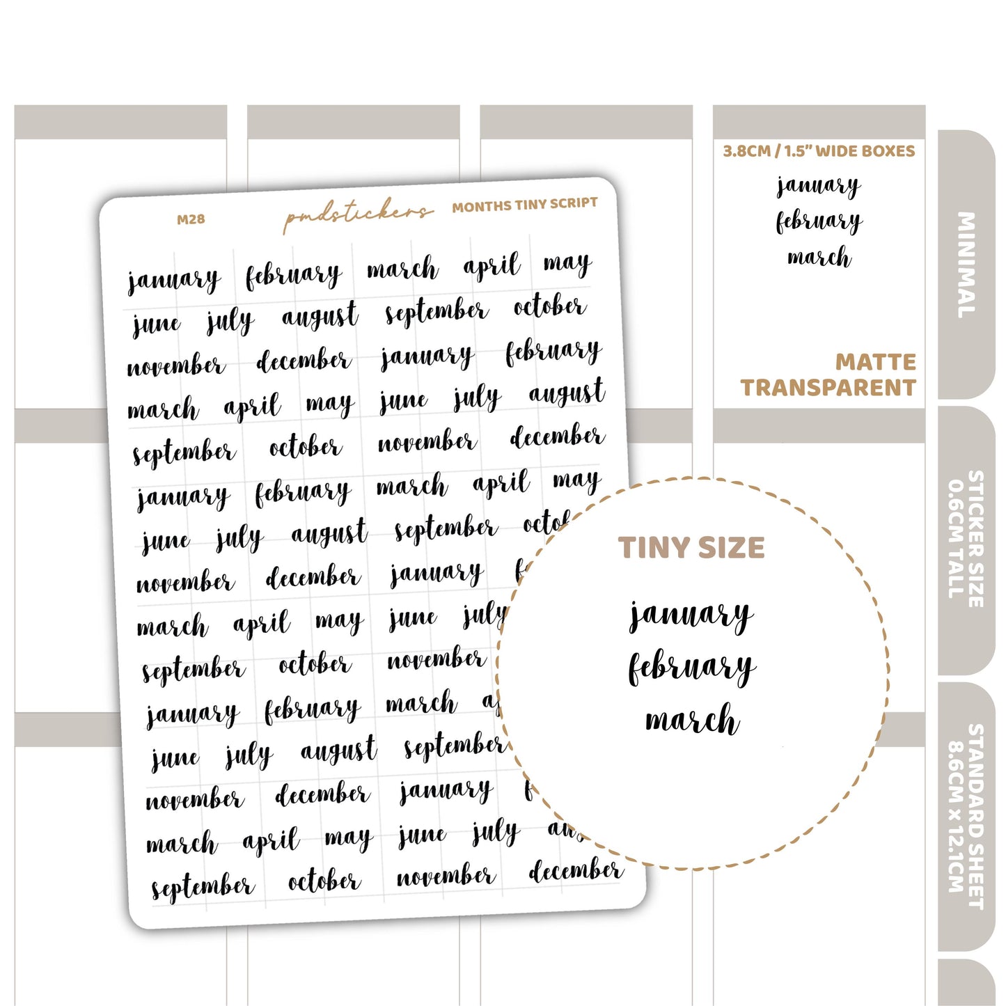 Months Tiny Script Word Stickers | Minimal Planner Stickers | M28