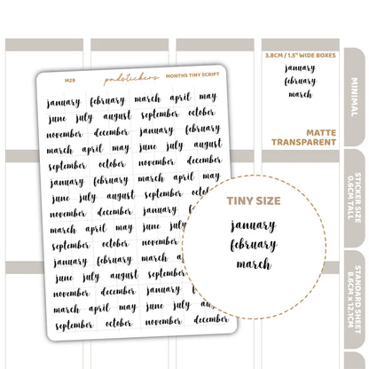 Months Tiny Script Word Stickers | Minimal Planner Stickers | M28