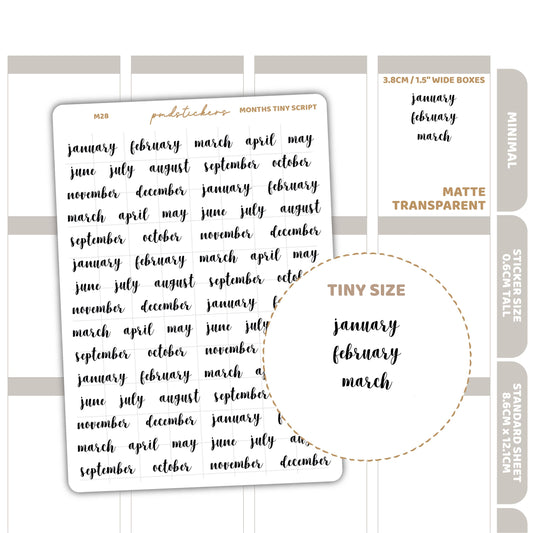 Months Tiny Script Word Stickers | Minimal Planner Stickers | M28