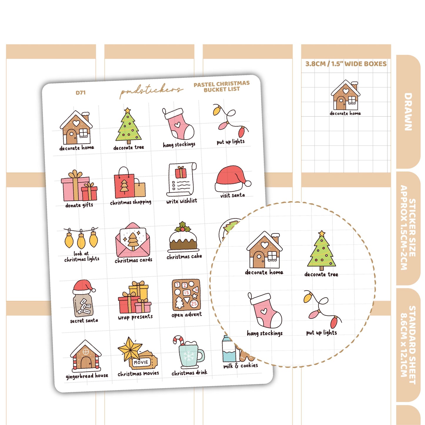 Christmas Pastel Bucket List Stickers | Drawn Planner Stickers | D71