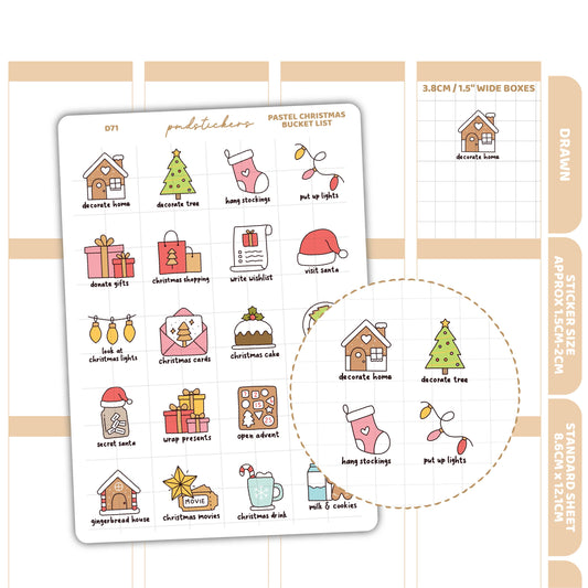 Christmas Pastel Bucket List Stickers | Drawn Planner Stickers | D71