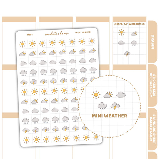 Mini Weather Stickers | Drawn Planner Stickers | D38