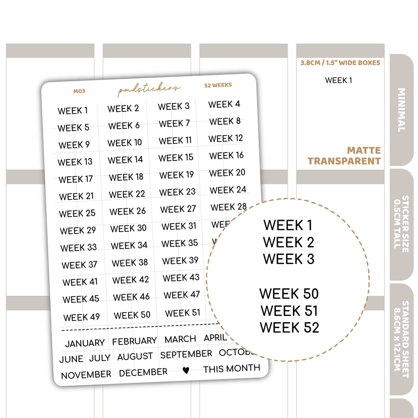 52 Weeks Minimal Font Stickers | Minimal Planner Stickers | M03