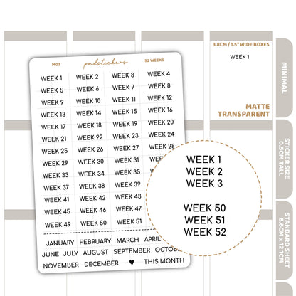 52 Weeks Minimal Font Stickers | Minimal Planner Stickers | M03