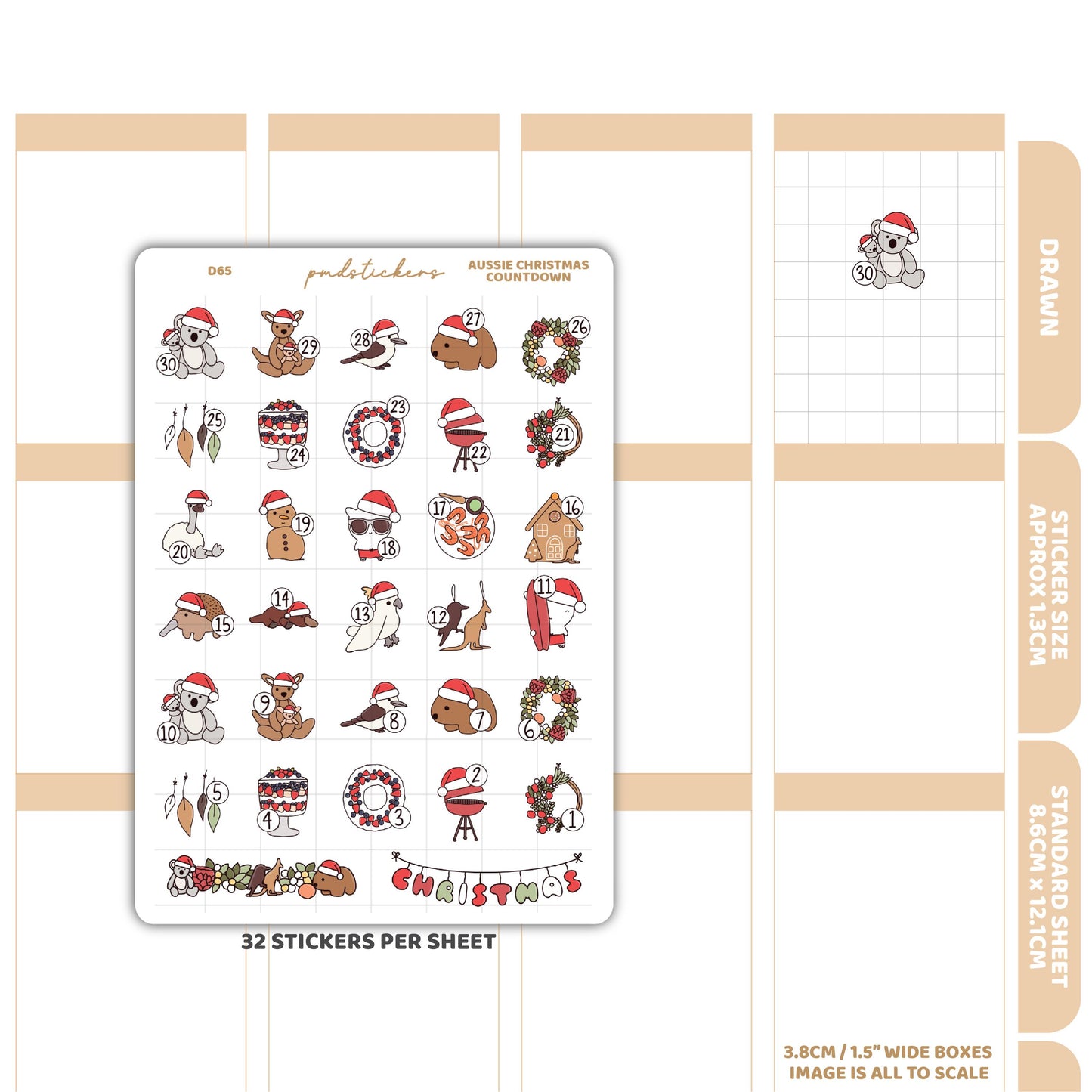 Christmas Aussie Countdown Stickers | Drawn Planner Stickers | D65