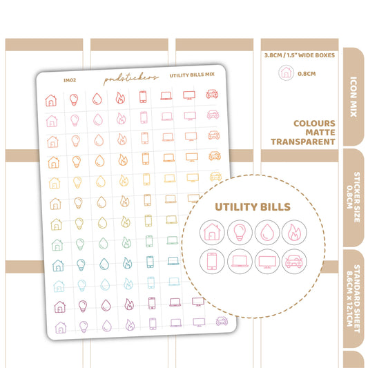 Utility Bills Mix Icon Dot Stickers | Planner Stickers | IM02