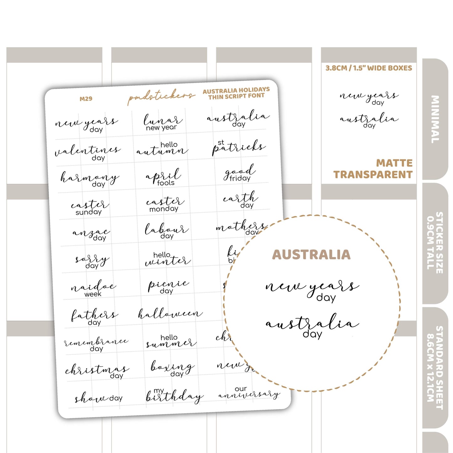 Australia Holidays Thin Script Font Stickers | Minimal Planner Stickers | M29
