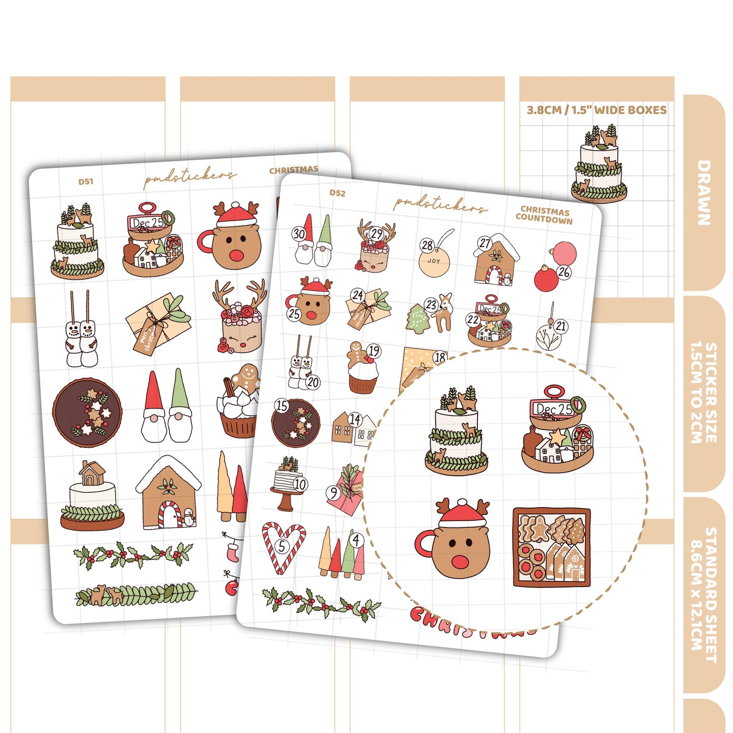 Christmas & Countdown Stickers | Drawn Planner Stickers | D51-52