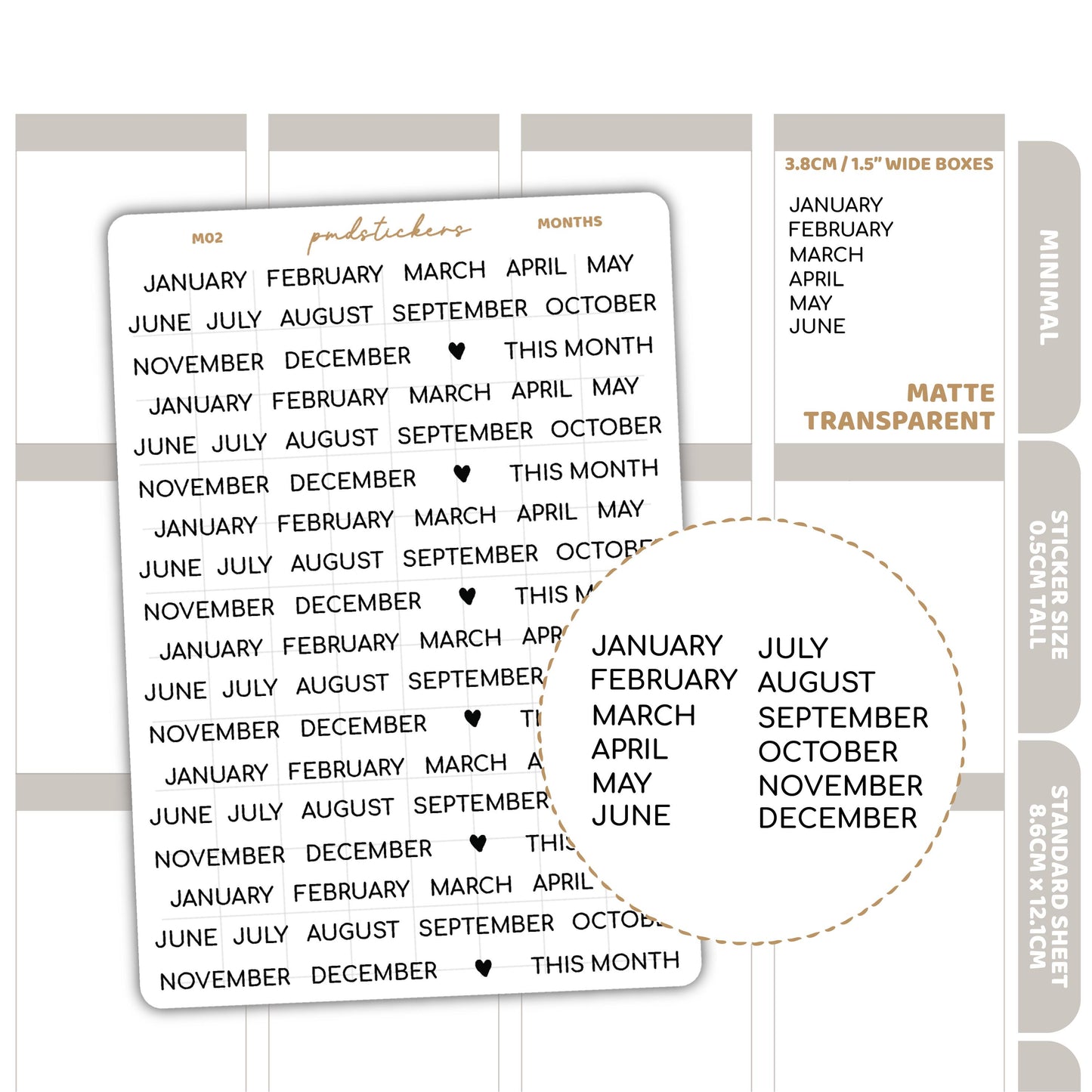 Months Minimal Font Stickers | Minimal Planner Stickers | M02