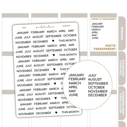 Months Minimal Font Stickers | Minimal Planner Stickers | M02