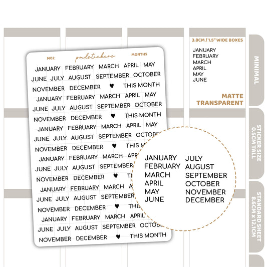 Months Minimal Font Stickers | Minimal Planner Stickers | M02