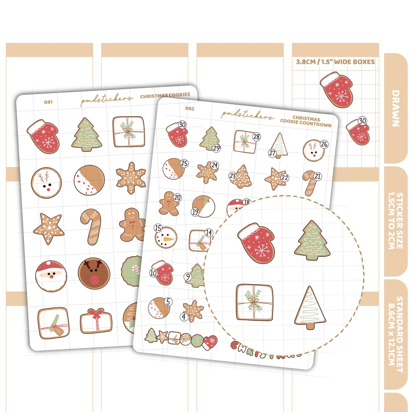 Christmas Cookies & Countdown Stickers | Drawn Planner Stickers | D61-62