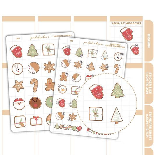 Christmas Cookies & Countdown Stickers | Drawn Planner Stickers | D61-62