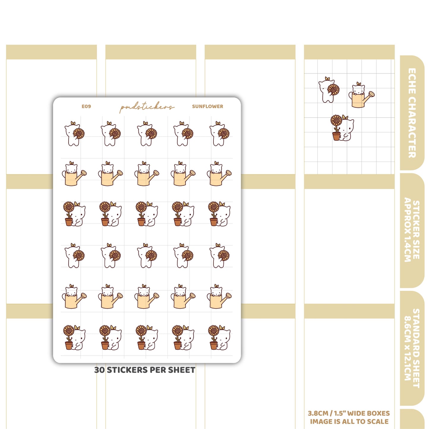 Sunflower Stickers | Eche Character Planner Stickers | E09