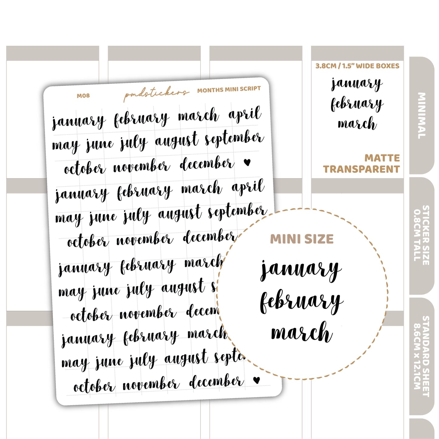 Months Mini Script Stickers | Minimal Planner Stickers | M08