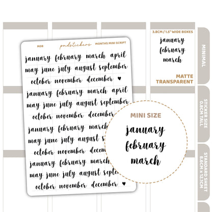 Months Mini Script Stickers | Minimal Planner Stickers | M08