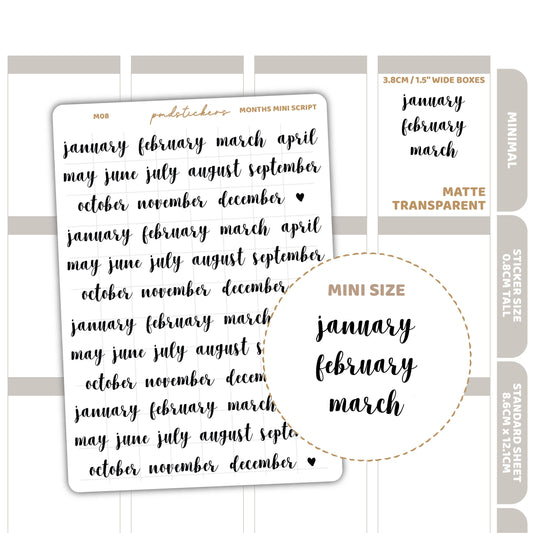 Months Mini Script Stickers | Minimal Planner Stickers | M08