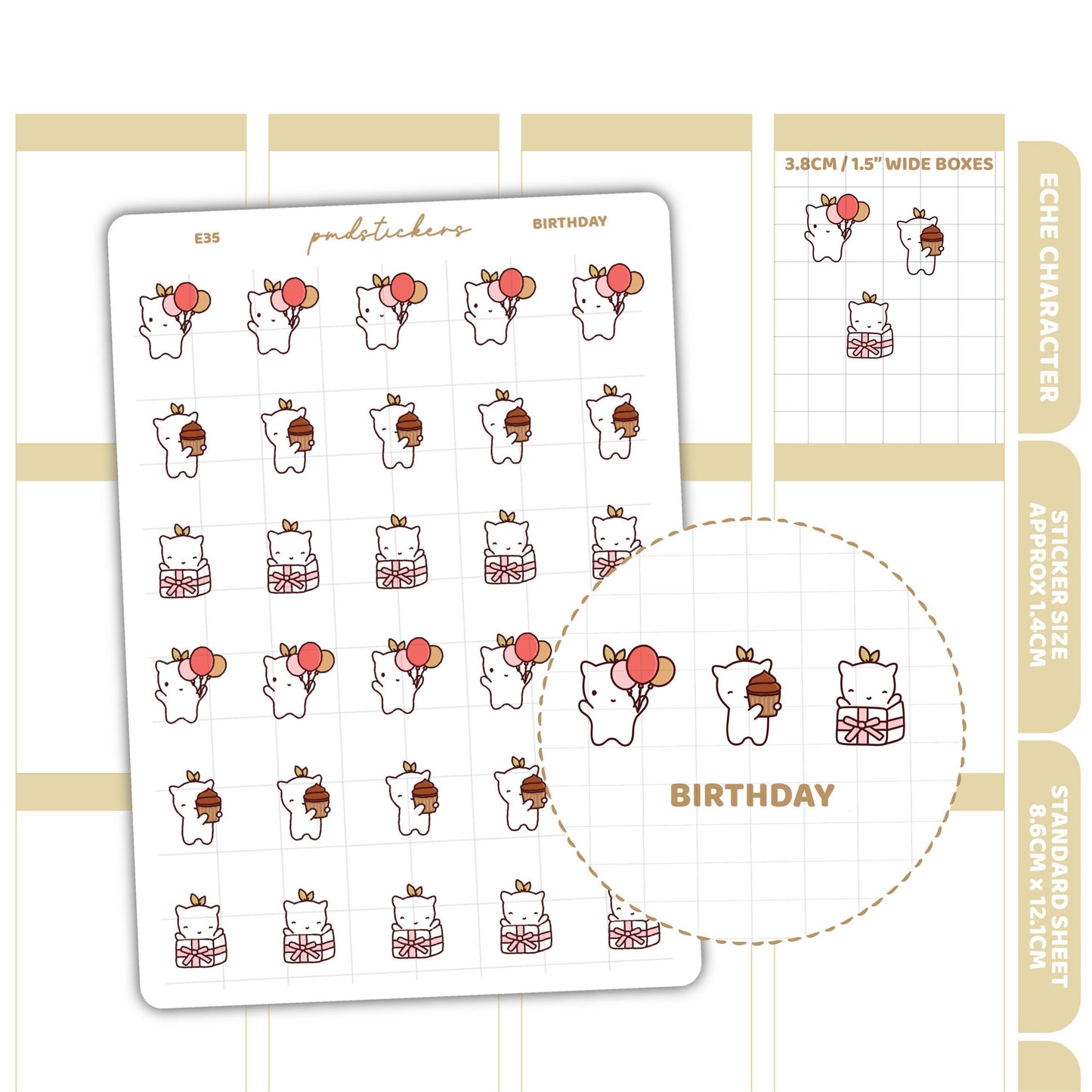 Birthday Stickers | Eche Character Planner Stickers | E35