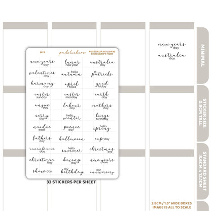 Australia Holidays Thin Script Font Stickers | Minimal Planner Stickers | M29
