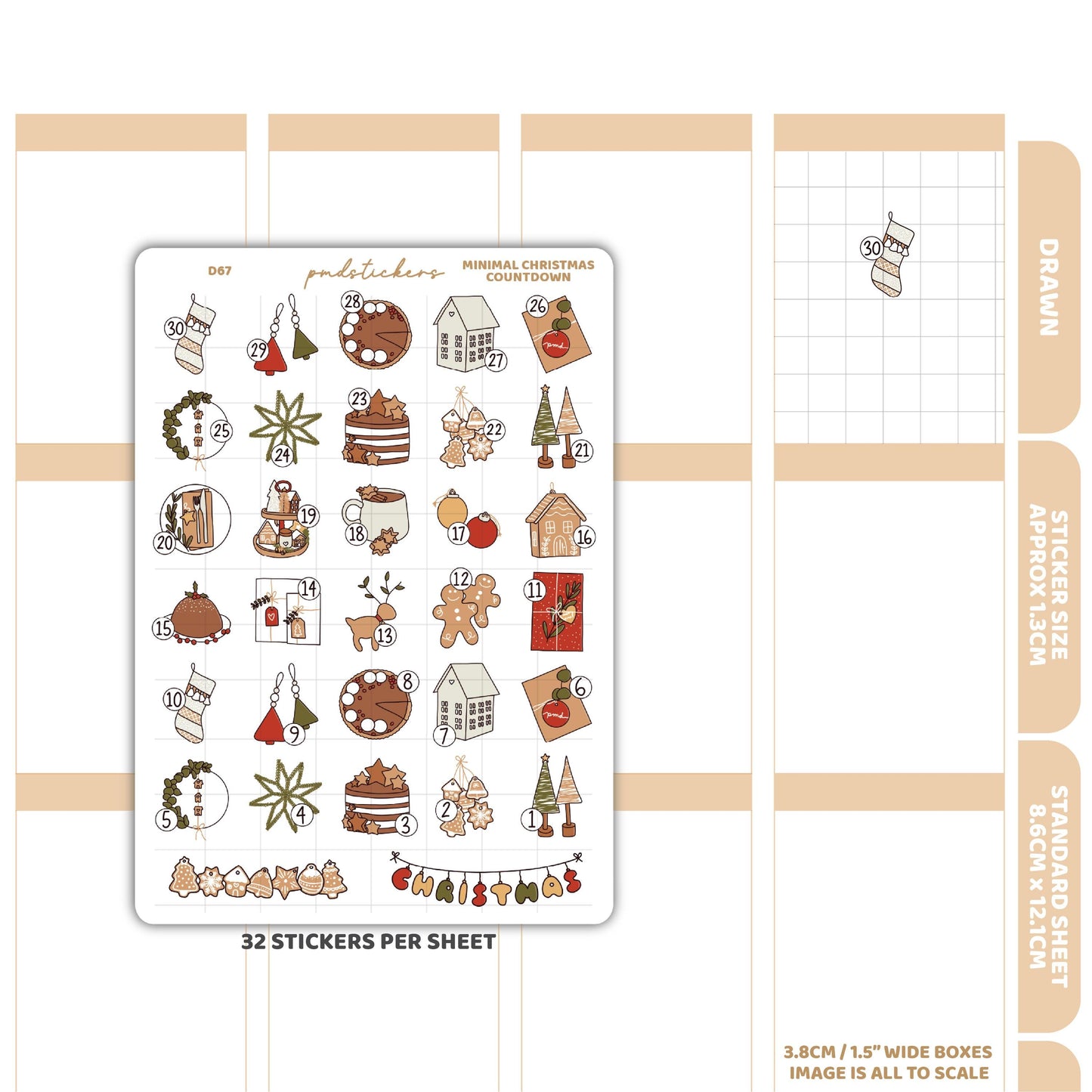 Christmas Minimal Countdown Stickers | Drawn Planner Stickers | D67