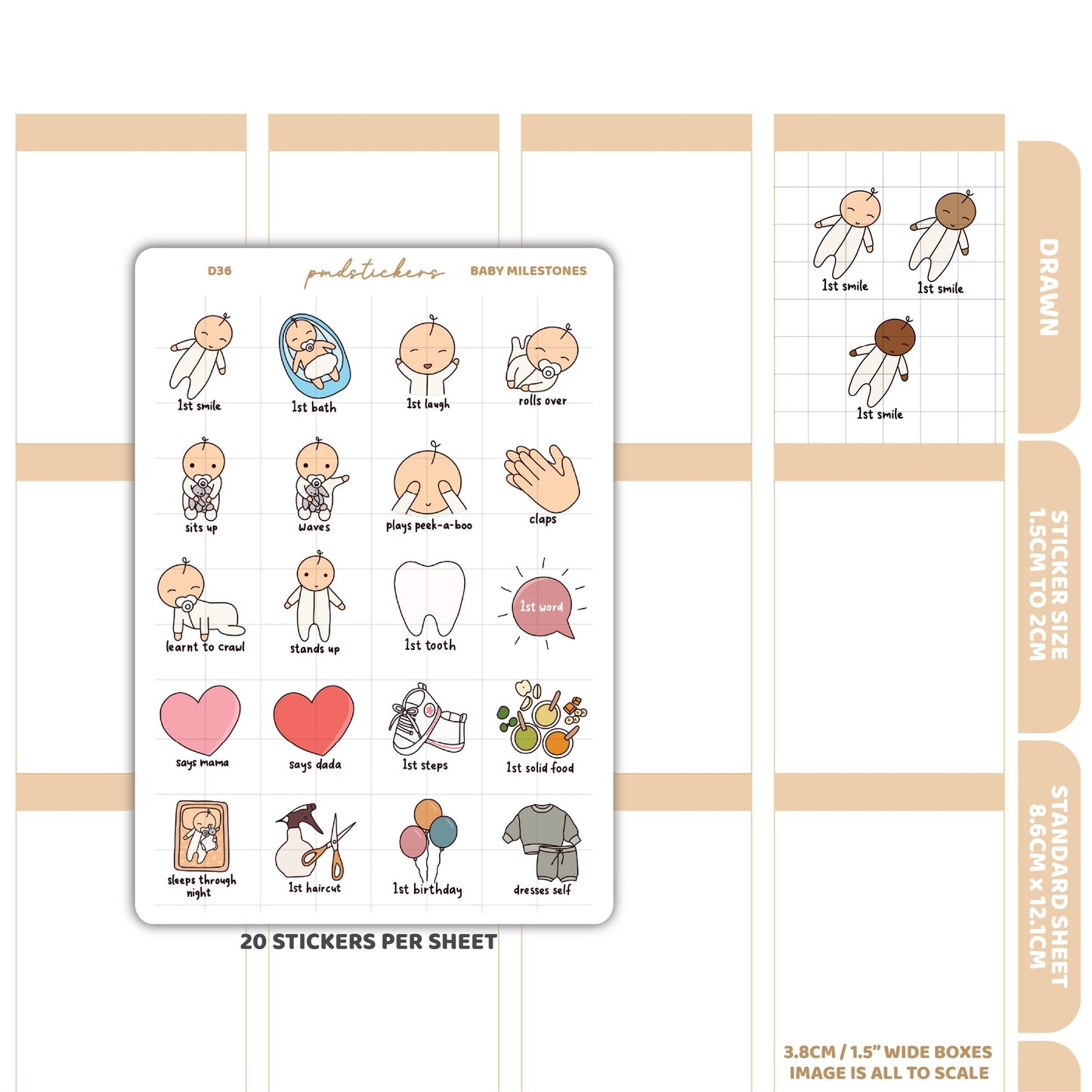 Baby Milestone Stickers | Drawn Planner Stickers | D36
