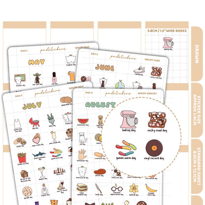 Wacky May, June, July & August Stickers | Drawn Planner Stickers | D42(4)
