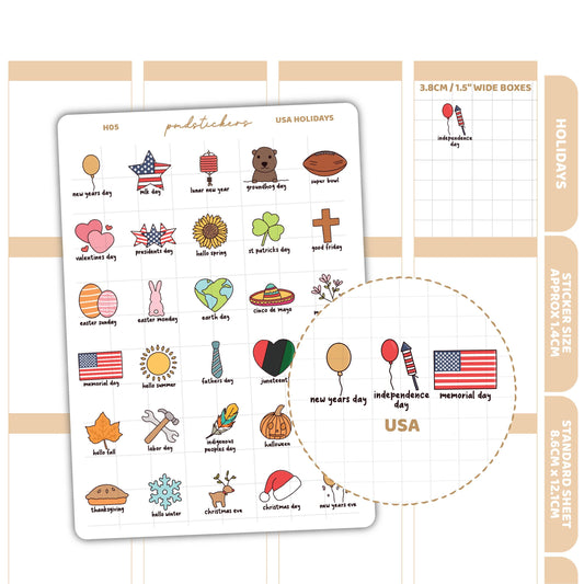 USA Holiday Stickers | Holiday Planner Stickers | H05