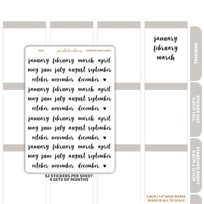 Months Mini Script Stickers | Minimal Planner Stickers | M08