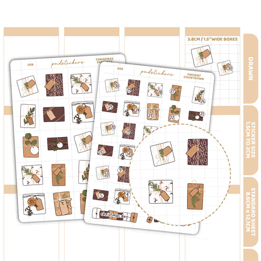 Christmas Presents & Countdown Stickers | Drawn Planner Stickers | D58-59