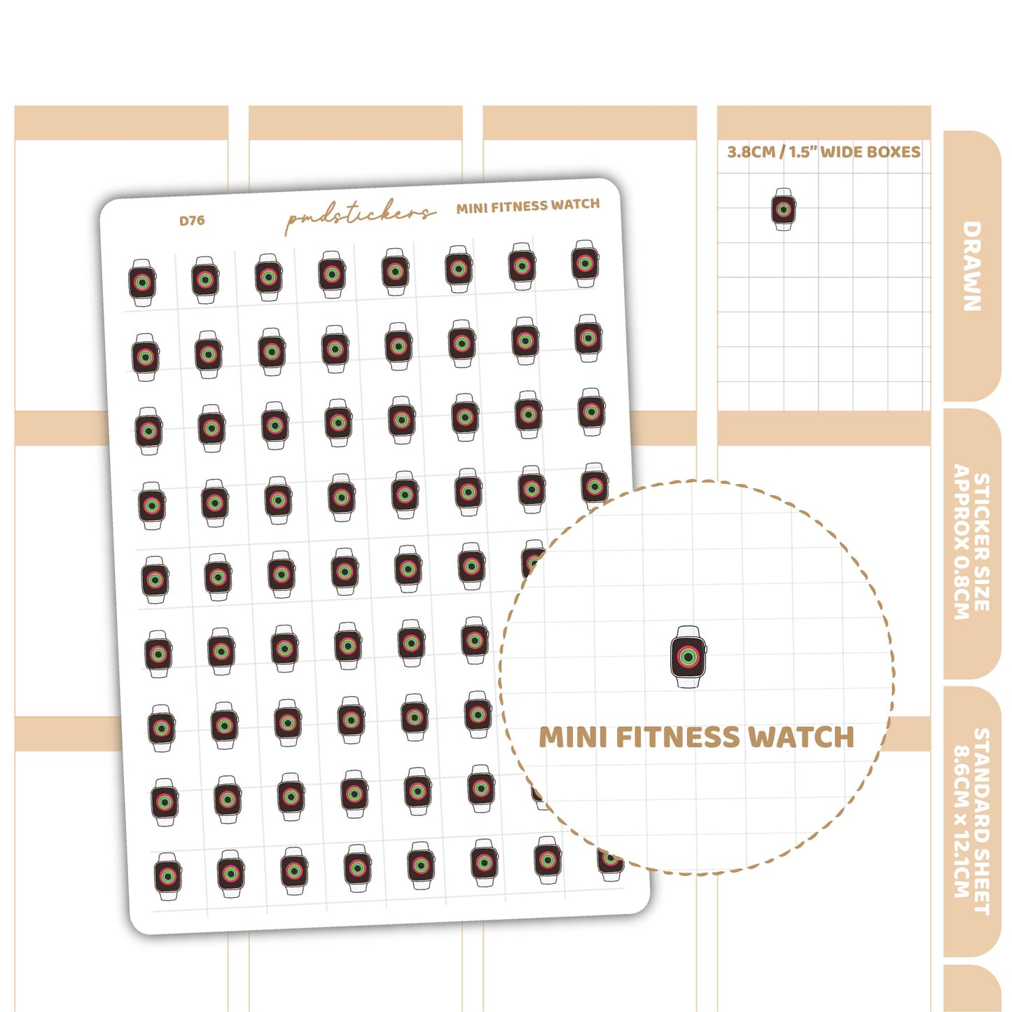 Mini Fitness Watch Stickers | Drawn Planner Stickers | D76