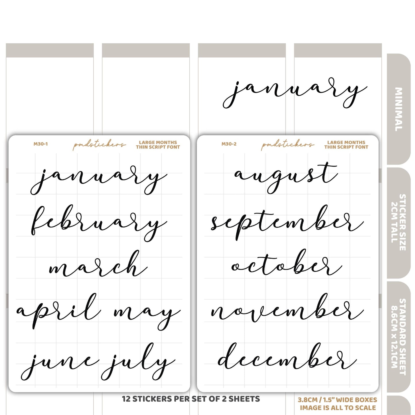 Large Months Thin Script Stickers | Minimalist Planner Stickers | M30(2)