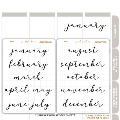 Large Months Thin Script Stickers | Minimalist Planner Stickers | M30(2)