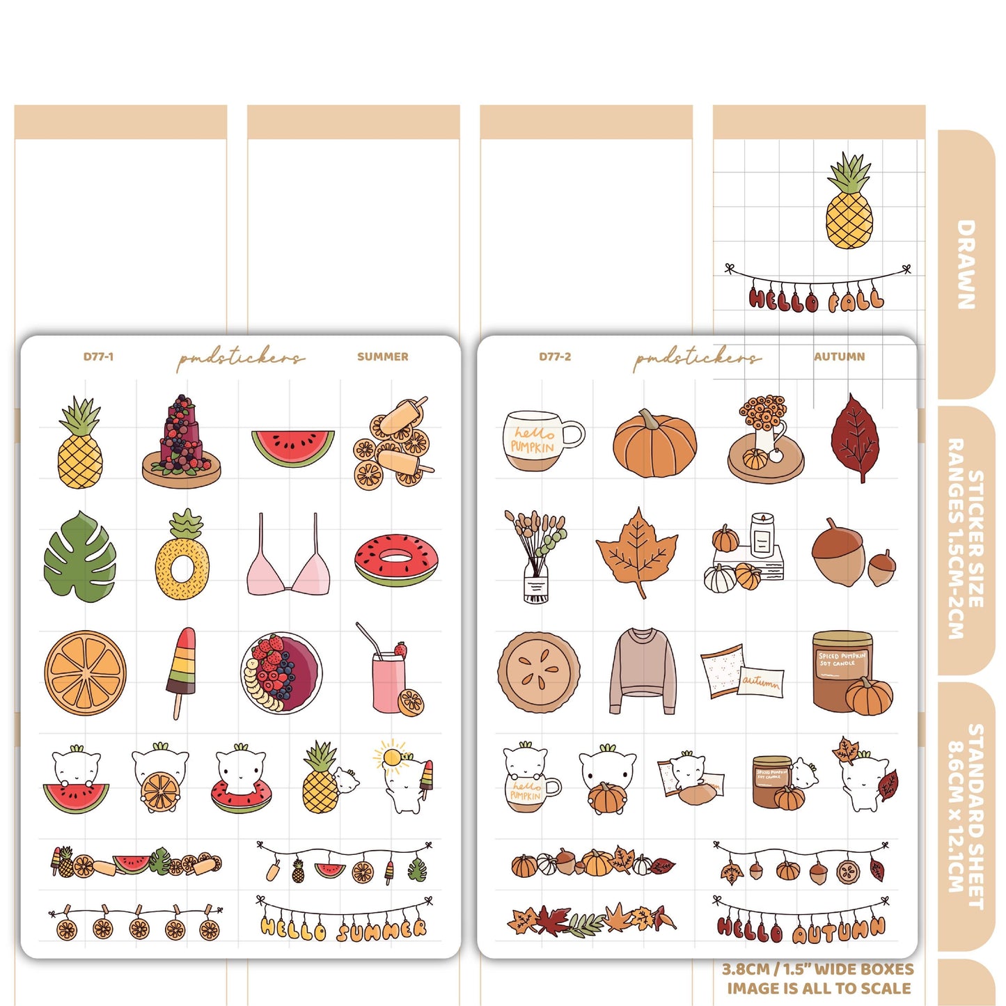 Season Stickers | Summer, Autumn/Fall, Winter & Spring | Drawn Planner Stickers | D77